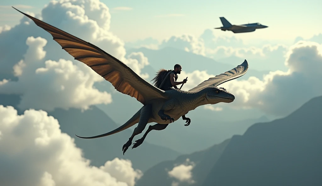 warrior riding a flying pterosaur, clouds below, giant mountains, an f-35 jet chasing