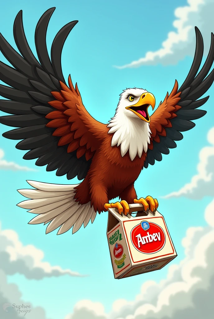Generate a cartoonish image of an eagle flying with a case of AmBev beer in its claws 
