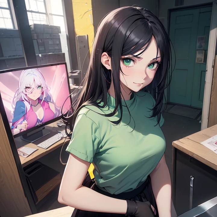 Anime Style, Character Design, HD, Best Quality, Masterpiece, High Details, High resolution, fantasy, carefully detailed, no deformities.
{{(1character: a  girl civilian:(pale skin, left cheek healed knife scar, medium very-messy black hair, she stands 1,59 meters tall, slender body complexion, green eyes, short nose, thin lips, beautiful, little breasts),(blue shirt, pink skirt, fluffy wristbands),(half smile closed mouth, very shy and inssecure demeanor, careless personality),(norwegian-like common house interior, yellow walls, grey desk at the left side, black door a the right side))}}