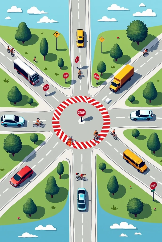 Poster about right of way rule, traffic signals 
And traffic signs 
Sky view
put the traffic signs on the side of the road not in the middle