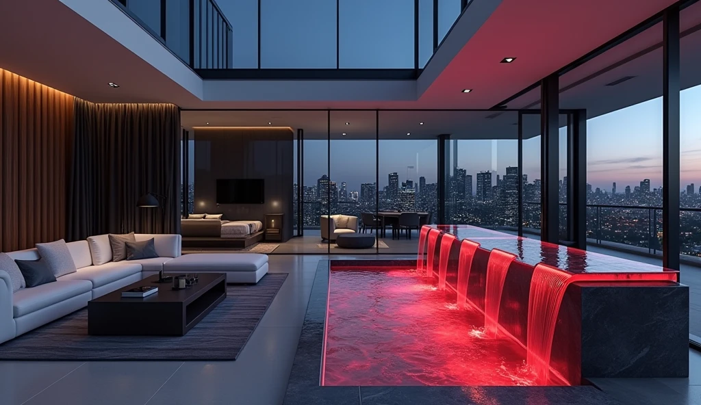 
Interior Night time photo of The living room of an ultra modern penthouse suite with a skyline view in a luxury Beverly Hills hotel. The seating room features a clean minimalist color palette of black white and grey and sleek ultra modern furniture. There is a bar with a futuristic resin countertop, A pool table, a love seat, a chair, end tables and coffee table The statement element of the room is a transparent dividing wall separating the bedroom from the living room. Two panes of glass encase a bubbling waterfall feature that's illuminated by red LED lights the water from water fountain cascades down into a small interior sunken hot tub with room for six. The hot tub is flush with the floor and also features red LEDs. You can see through to the bedroom behind it.