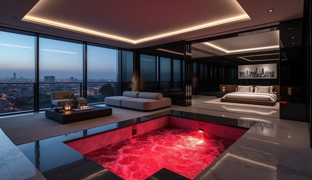 
Interior Night time photo of The living room of an ultra modern penthouse suite with a skyline view in a luxury Beverly Hills hotel. The seating room features a clean minimalist color palette of black white and grey and sleek ultra modern furniture. There is a bar with a futuristic resin countertop, A pool table, a love seat, a chair, end tables and coffee table The statement element of the room is a transparent dividing wall separating the bedroom from the living room. Two panes of glass encase a bubbling waterfall feature that's illuminated by red LED lights the water from water fountain cascades down into a small interior sunken hot tub with room for six. The hot tub is flush with the floor and also features red LEDs. You can see through to the bedroom behind it.