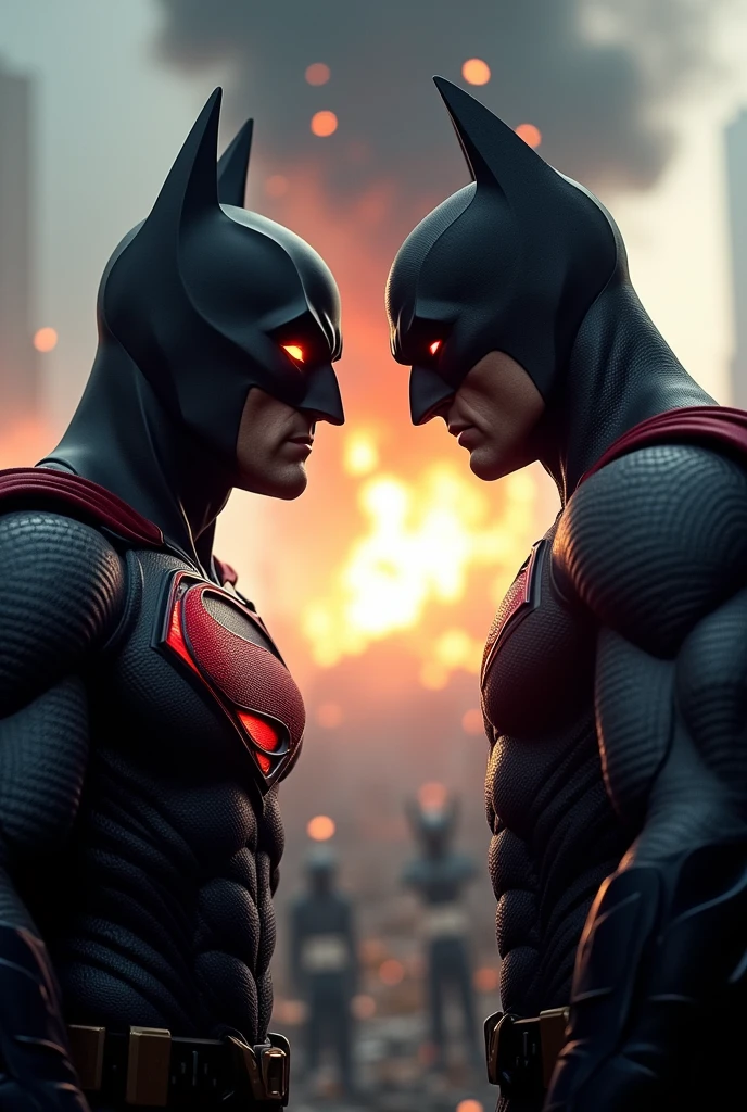 Black dresses Batman vs superman face off. Make explosion and alines behind. And. Little zoomed in. Batman redlight eyes and angrt superman red light evil eyes. Batsignal in the middle. Superman wearing black costume.