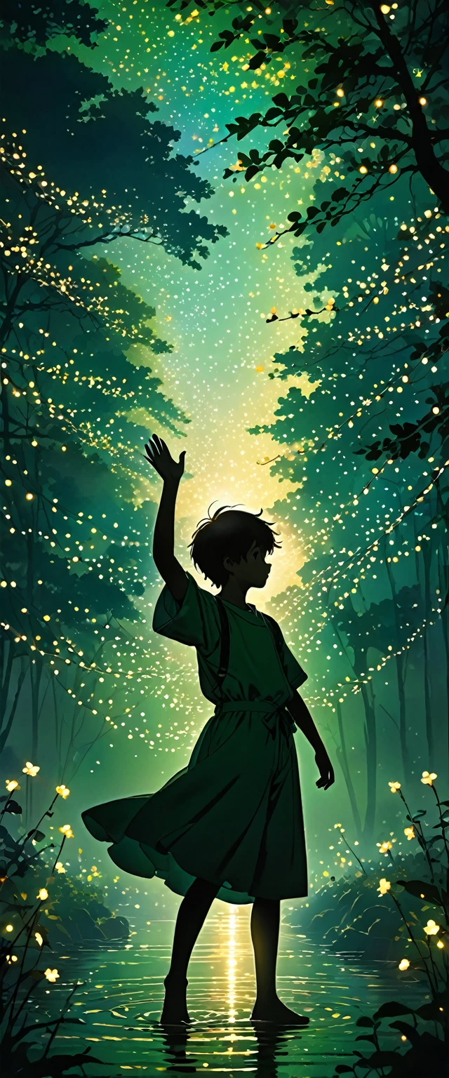 The image depicts a silhouette of a boy standing against a stunning sunset background. The sky transforms from deep green near the horizon to a deep green as it rises. The figure appears to be surrounded by a series of tiny glowing fairy lights, some of which are lit, creating a striking and captivating contrast to the dark silhouette. The figure appears to be extending one arm, perhaps adapting to or interacting with the lights. The overall mood of the image is peaceful and magical.