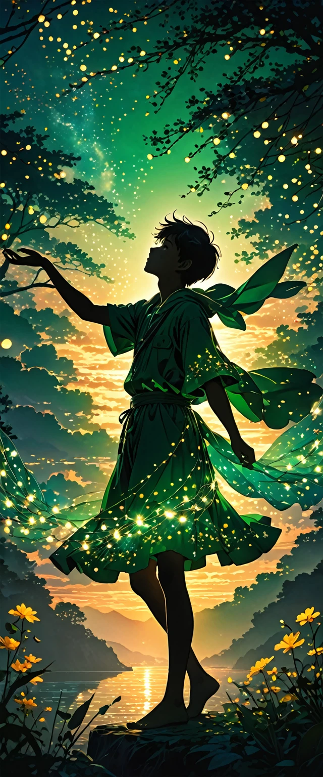 The image depicts a silhouette of a boy standing against a stunning sunset background. The sky transforms from deep green near the horizon to a deep green as it rises. The figure appears to be surrounded by a series of tiny glowing fairy lights, some of which are lit, creating a striking and captivating contrast to the dark silhouette. The figure appears to be extending one arm, perhaps adapting to or interacting with the lights. The overall mood of the image is peaceful and magical.