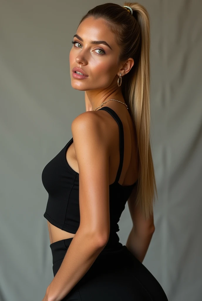 a very realistic and detailed photo of Alice Campello , black skirt,cleavage, perfect makeup, long straight ponytail blonde detailed hair, high quality, photorealistic, 8k, luxury, elegant, sophisticated, confident, piercing eyes, full lips, olive skin