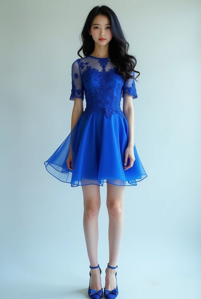 Girl with black wavy/curly hair wearing a royal blue kpop knee dress and butterfly heels