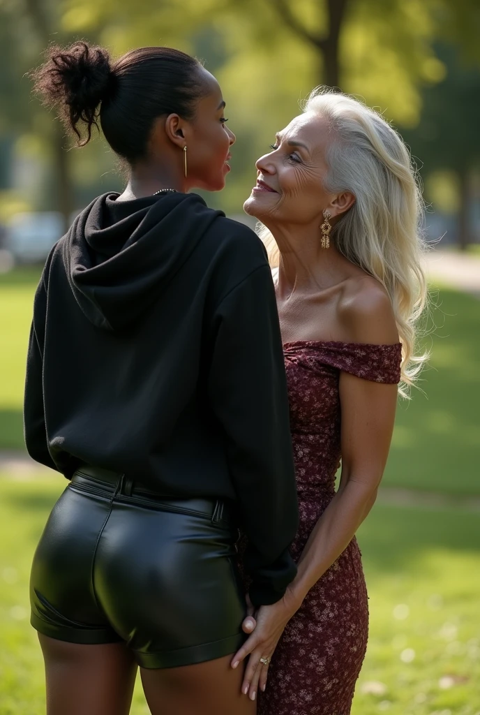 black woman hair in a bun black hoodie black leather short shorts bending over getting fucked in the ass by a old ugly woman in a dress in a park