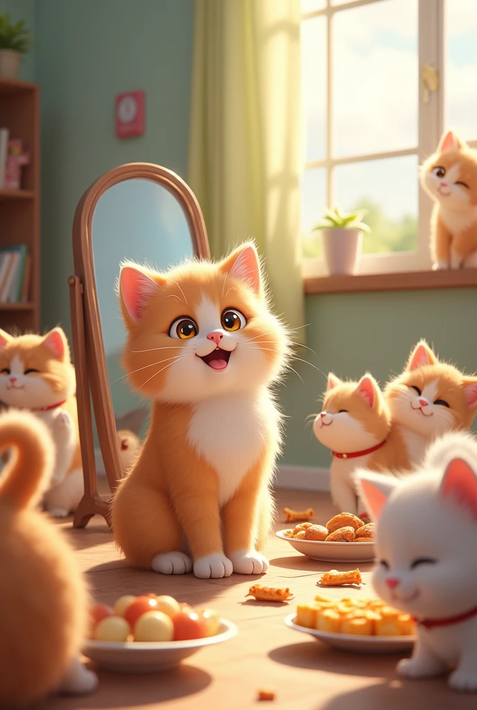 The main character, a cute cat, stands in front of a mirror.、With a proud smile。My cat friends are gathered around me、We play and enjoy meals together。(Food and toys in the background)is drawn、There is a happy atmosphere in the air。