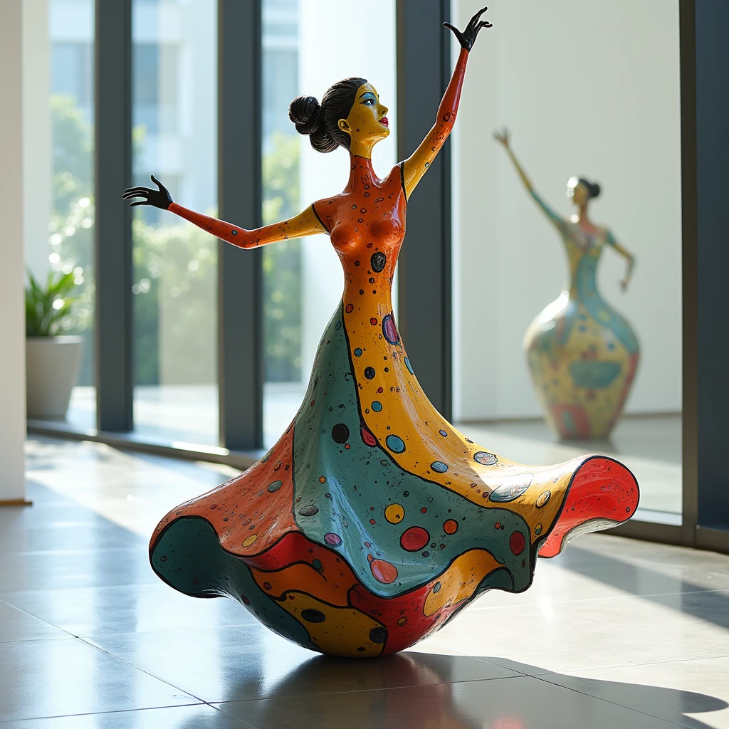 A vibrant image of a ceramic sculpture of a dancing human figure, inspired by modern art. The sculpture is dynamic, with flowing lines and a multicolored glaze that shifts from warm to cool tones. The figure is positioned in an energetic pose, capturing motion and grace. The background is a brightly lit gallery space with large windows and a polished concrete floor.
