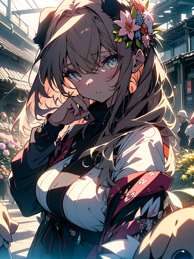 (very detailed anime、 8k wallpaper), Lighting, sea of Flowers, Flowers, (1 girl), whole body,(Off-the-shoulder dress、A lot of floral decorations)、 K-POPアイドル,Colorful colors、Bright atmosphere、(Beautiful Anime)、cute、(highest quaLightingy、masterpiece、High resolution、detailed)、(Shining Eyes、detailed美しい顔)、Big breasts in bright sunlight, Brown Hair, Bangs between the eyes, Dog ears, Inugami Korone,Hololive