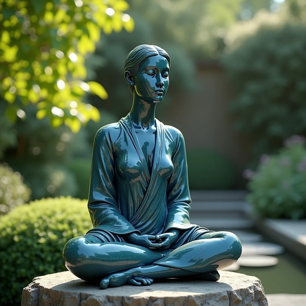 A photorealistic image of a ceramic sculpture depicting a seated human figure, with a contemplative expression. The sculpture has a glossy, deep blue glaze with subtle crackling patterns on the surface. The figure is placed on a stone pedestal in a serene outdoor garden, surrounded by greenery and dappled sunlight.