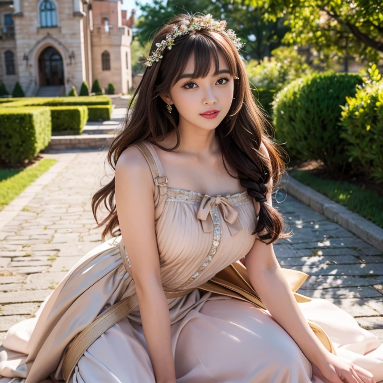 laughing out loud,1 female, 2,(Yellow princess dress in beauty and the beast),Outside the castle,Large skirt,Big hem,light brown hair, blunt bangs, hair behind ears, Shoulder length hair, long hair, Braided hair repair,long body shape, 超face slimming型, face slimming, delicate lips, beautiful eyes, Thin blush, Eyes are light brown,Check it out here, (actual:1.3), One person's perspective, 8k, Super detailed, high quality, best quality, High resolution,knee shot,My breasts look big in my clothes,兩邊Bow on shoulder strap,Bow shoulder strap,Bow on shoulder strap