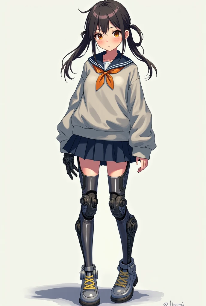 Short petite adult woman with long pigtails and school uniform Sailor uniform with short skirt With robotic prosthetics on robotic arms and legs realistic anime 2D Robotic legsWith large open sweatshirt