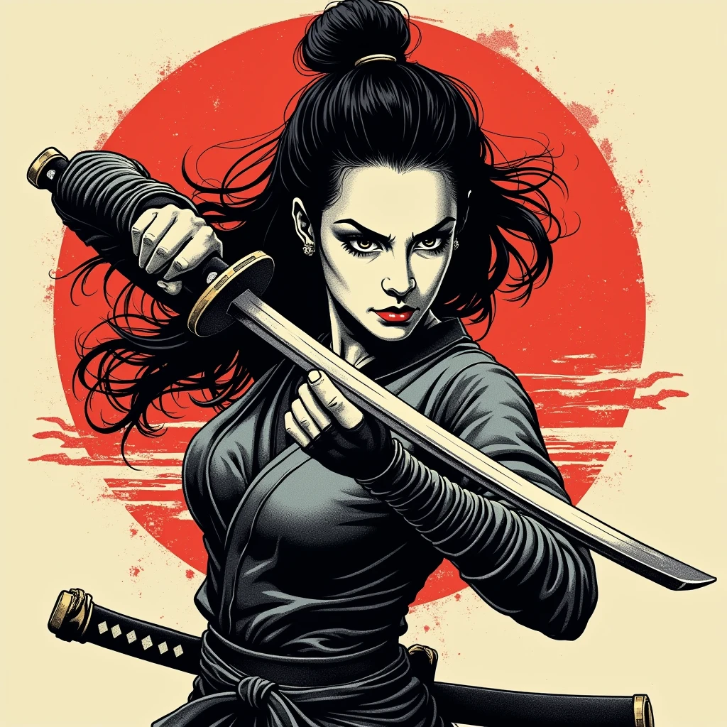 A shirt graphic of a japanese woman with katana,wearing gloves,heavy texture, circle design, sunset background, pen and ink style, t shirt design, white background