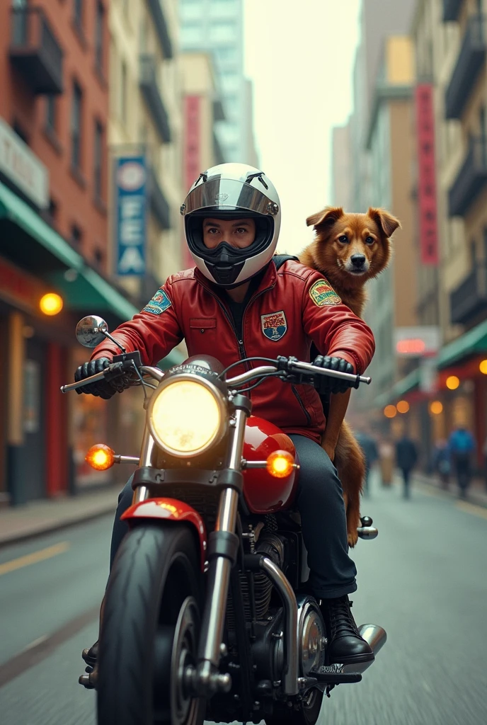 Raising a dog on a motorcycle delivering pizza 
