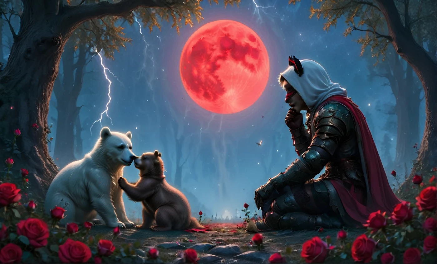 Male knight with a white hood with polar bear ears and a sword behind his back sits cross-legged on the ground towards a baby polar bear and a baby brown bear in a forest while the moon shines, many Roses cover the ground and lightning falls from the sky. The baby polar bear plays with the baby brown bear while the knight enjoys watching them. Only the man wears a red blindfold. In the background of the picture is the blood moon and a tree has fallen down in the path. The forest is full of trees with leaves. The armor of the man is black and red roses decorate it. The sky is full of stars. The knight is thoughtfully touching his face.