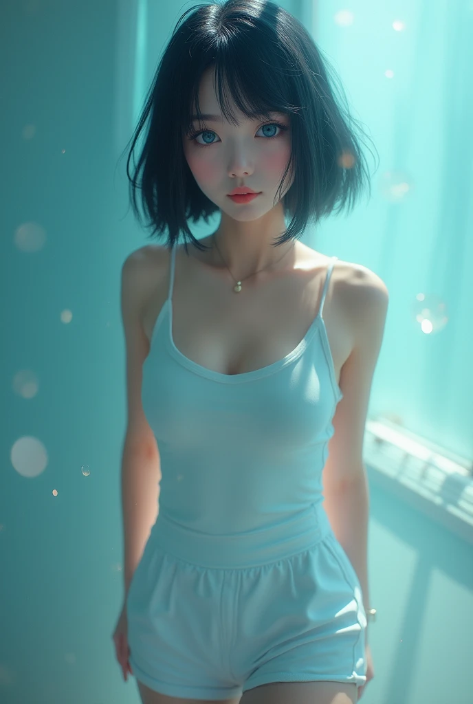 (photorealism:1.2), beautiful woman,intricate details, cool colors, short straight hair, ocean blue eyes, standing, hourglass figure, wearing tank top and shorts, Asian beauty, unreal beauty 