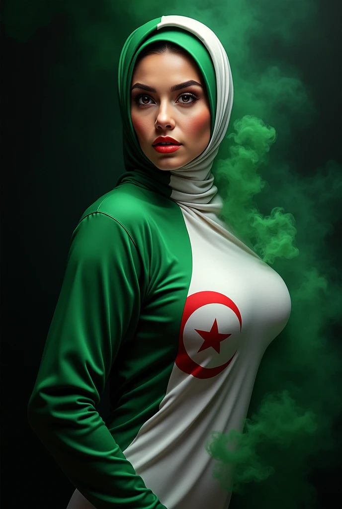 Raw, best quality, high resolution, masterpiece: 1.3), fat woman in hijab, colored with the Algerian flag, half of the hijab is white and green, detailed, wonderful detail, masterpiece,  
(Big breasts), beautiful big eyes, black background with colorful smoke, realistic image, half portrait