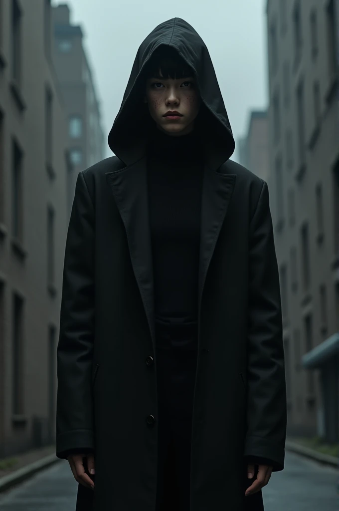 A teenager in a black coat 
