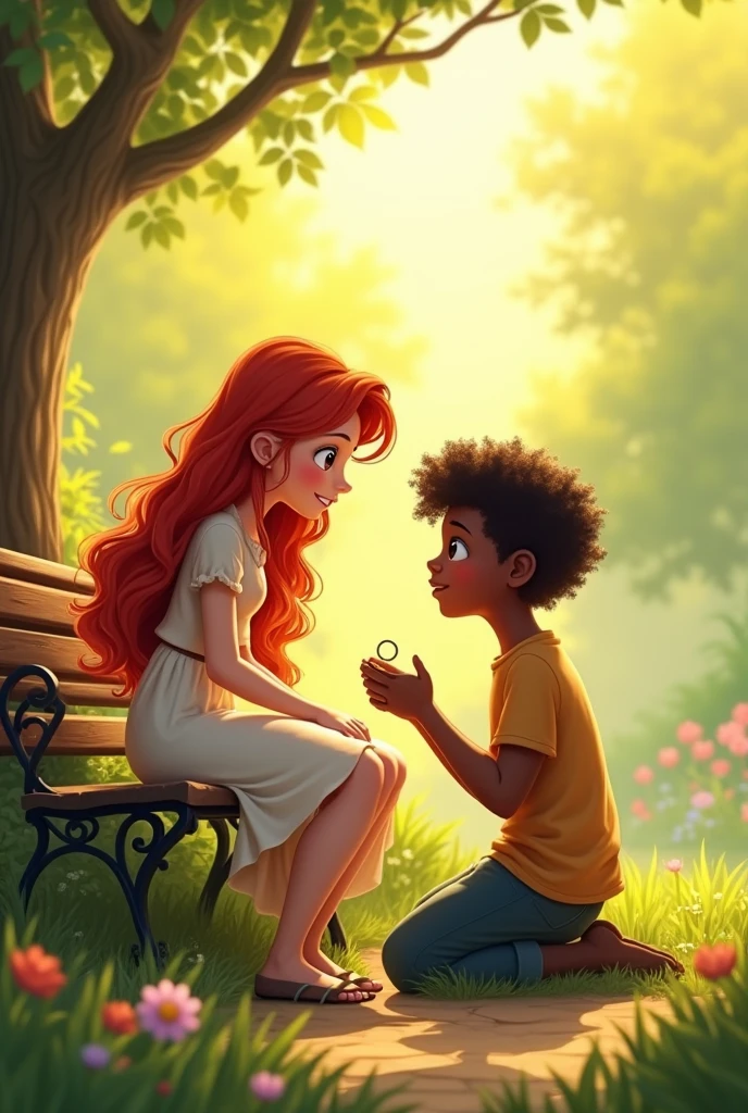A red-haired girl, longwavy hair, sitting on a bench, on his knees a black boy, with curly hair and rings in his hands asking her to marry him.
It&#39;s spring 
