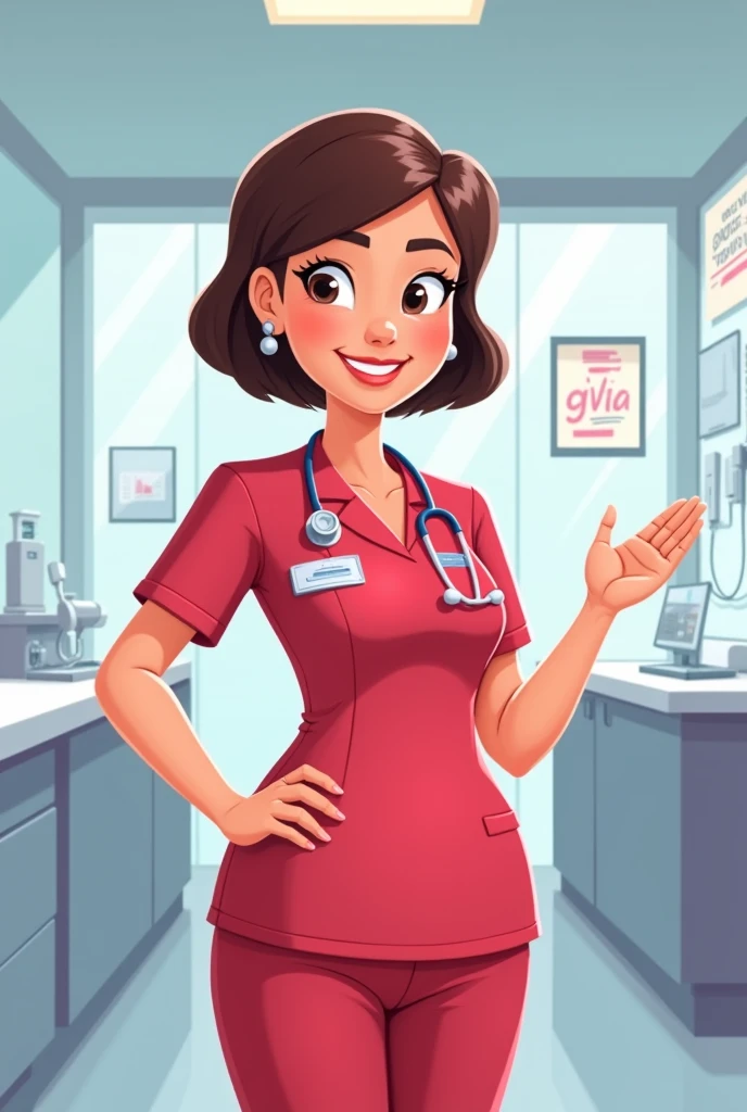 Animated drawing of female obstetrician in cherry uniform