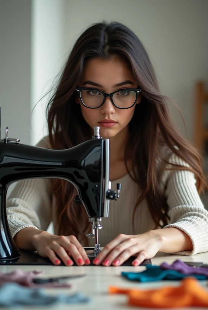 Woman with long dark brown hair, glasses with black frames, square shape and rounded corners, skin fair, sitting at a black sewing machine, with several scraps of fabric and scissors on the table