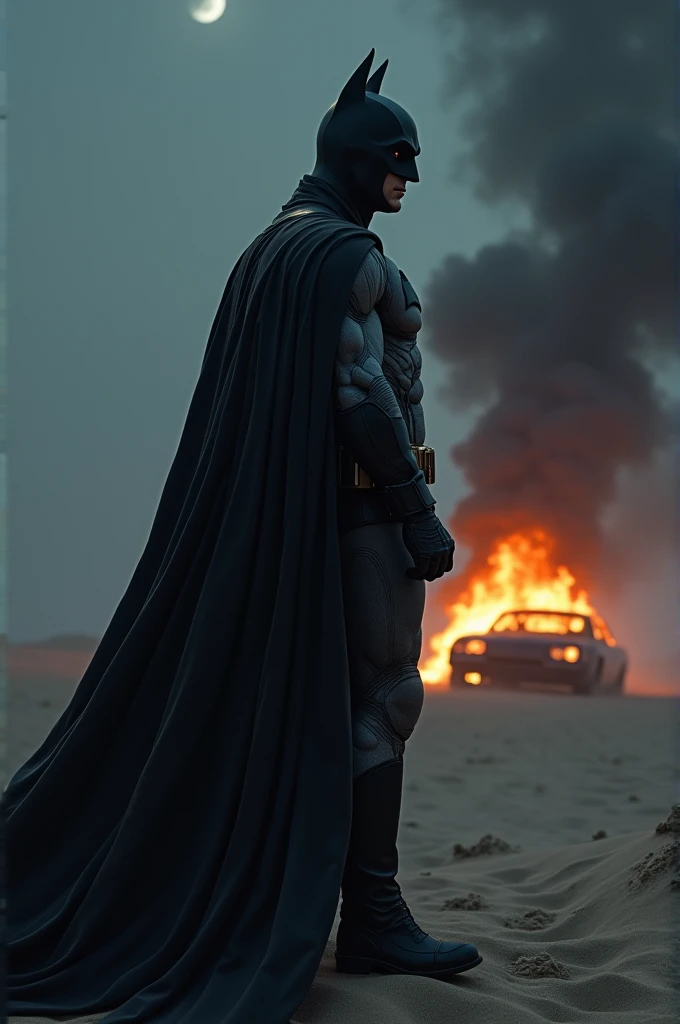 Batman standing on a sand hill with a black leather shawl at midnigjt with his burning car