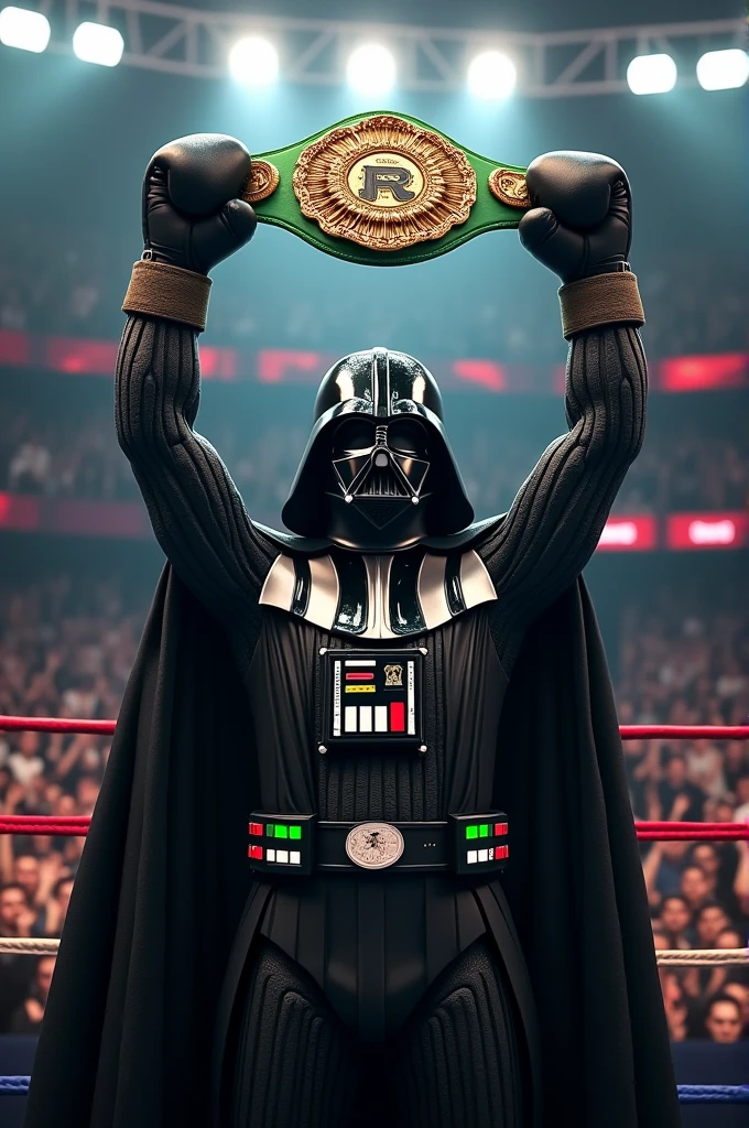 I want an image where Darth Vader has boxing gloves where he is winning the green boxing belt that is realistic and that there are a lot of people