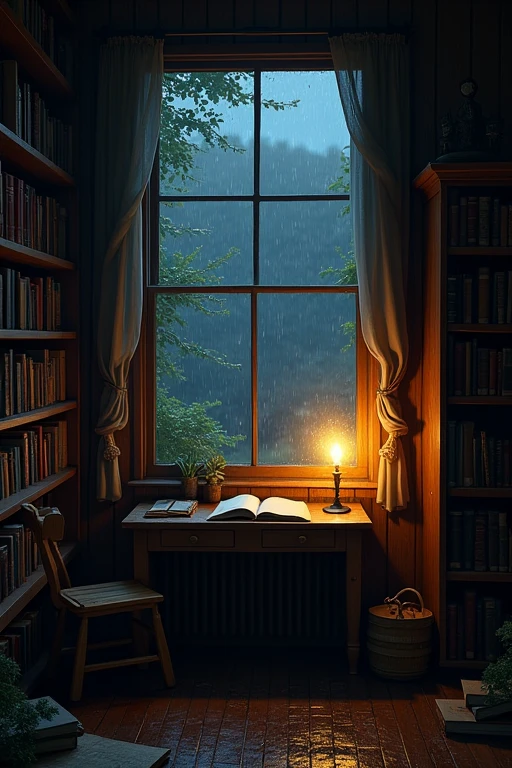 A room without electricity,Lots of books,There is a desk by the window,Outside the window, it's night and it's raining