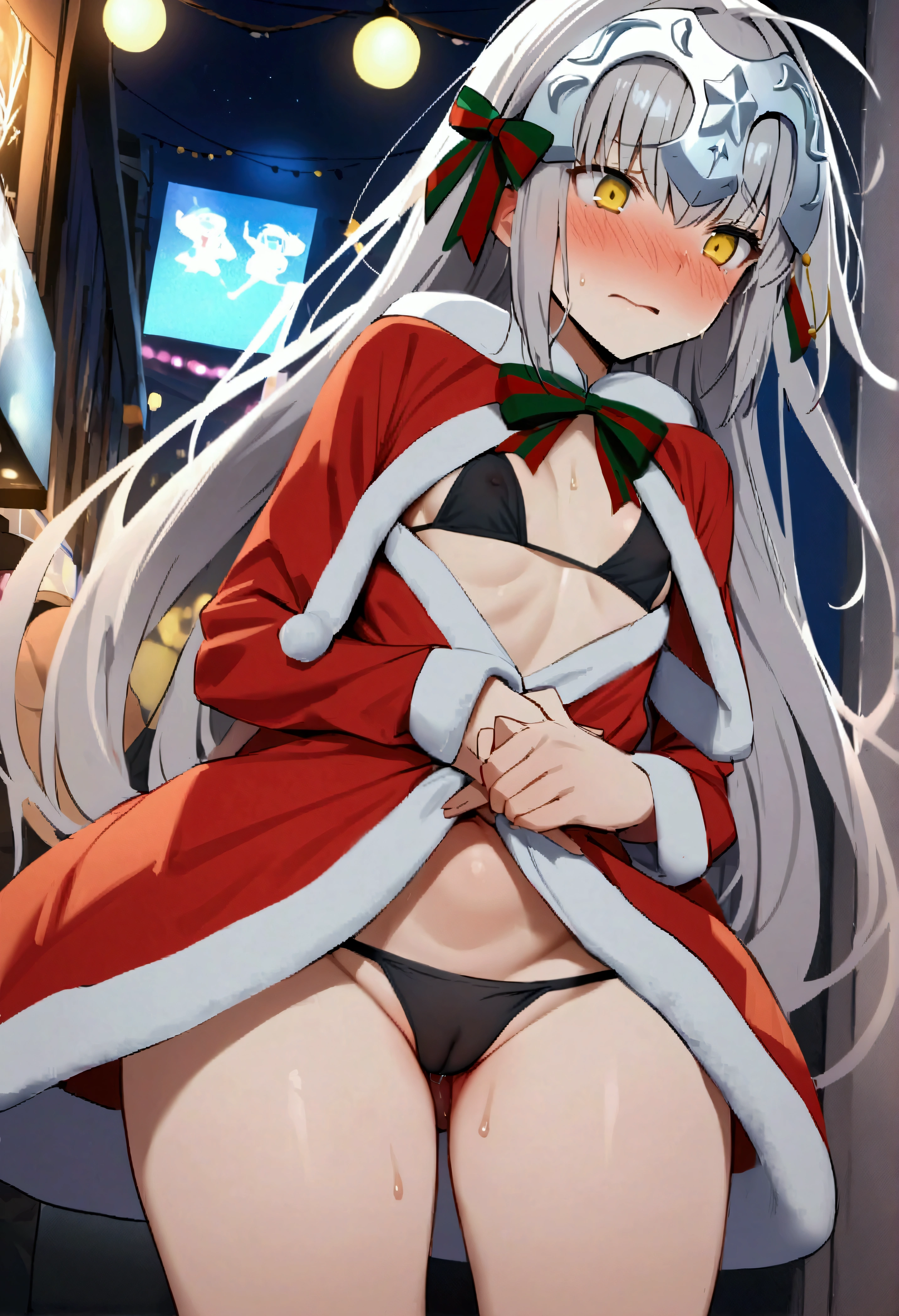 NSFW,masterpiece,Highest quality,High resolution,Very detailed,Joan of Arc Horta Santa Lily\(Fate/grandorder\),Gray Hair,Headpiece,Golden Eyes,Small breasts,Santa costume,White cut-in dress,Black bikini top,Knee socks,Nightlife,In town,Embarrassed,blush