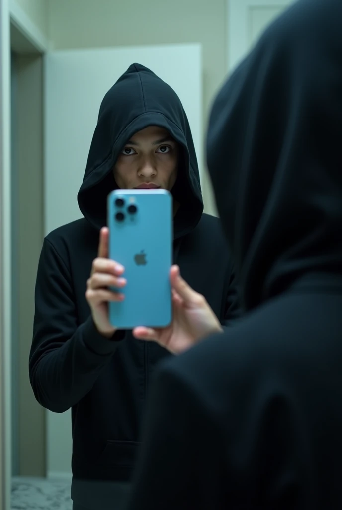 A realistic photo of a hooded boy taking a photo with a light blue Honor cell phone in a bathroom mirror where only his dark chocolate colored eyes can be seen.. Hooded with a black jumpsuit