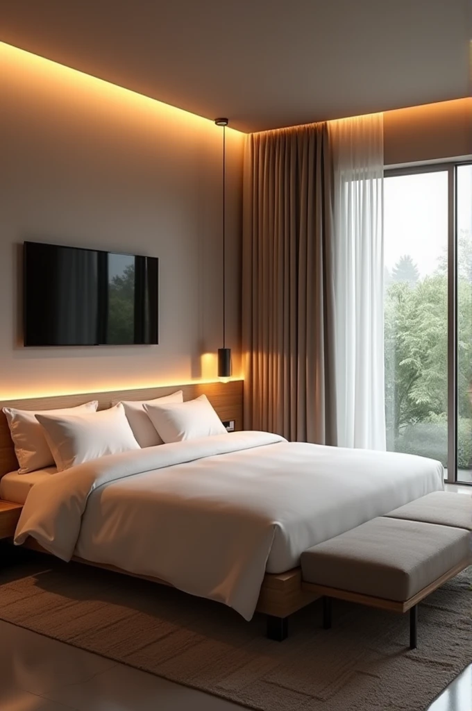 there is a bed with a wooden headboard and a TV on the wall, Room, serene and peaceful style, Ambiente sereno de Room, interior do Room, luxurious environment, realistic physics rendering, luz natural no Room, modern and minimalist, warm ambient light, Soft lighting color scheme, warm interiors, warm interior, interior design, Gray floor
