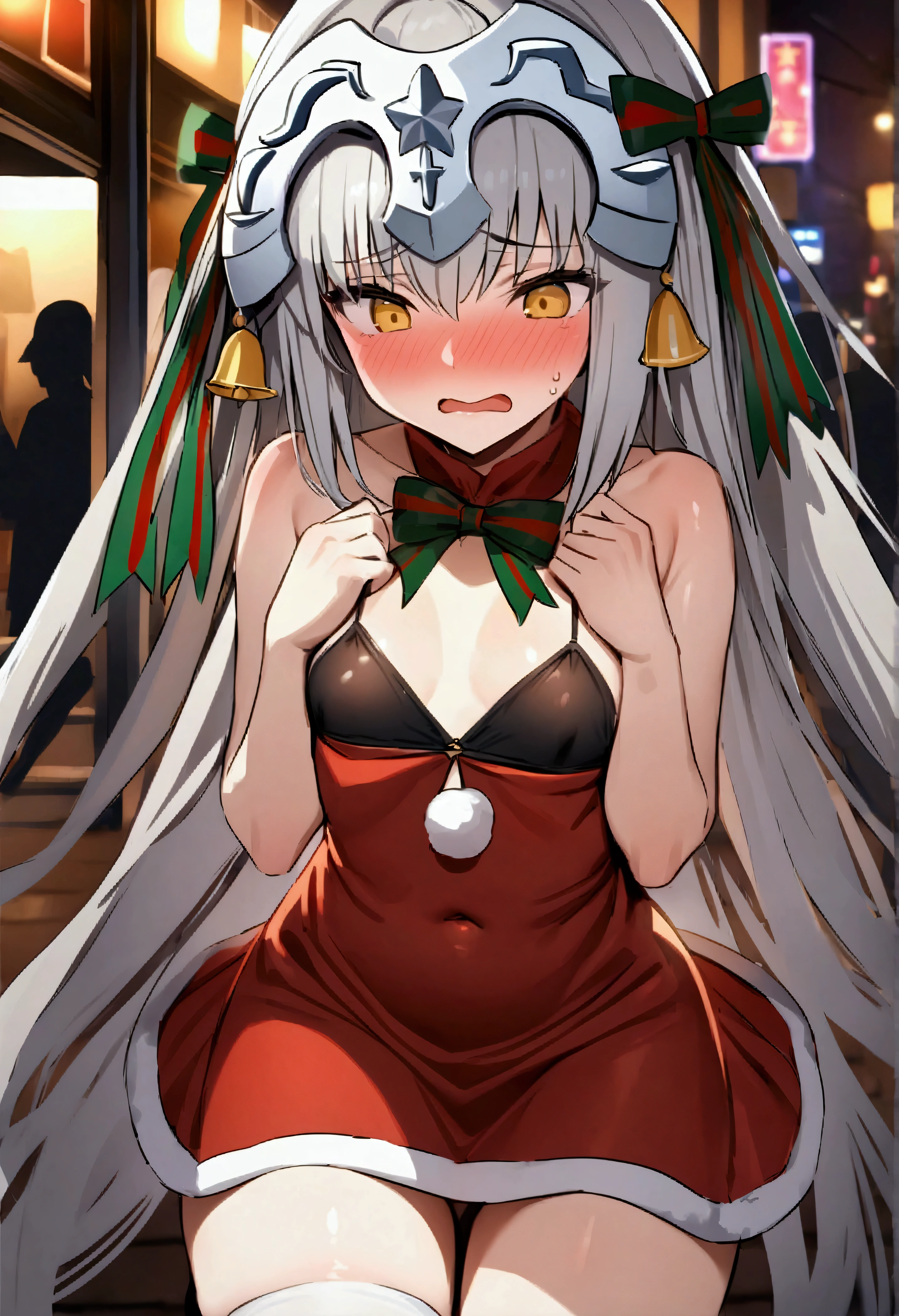 NSFW,masterpiece,Highest quality,High resolution,Very detailed,Joan of Arc Horta Santa Lily\(Fate/grandorder\),Gray Hair,Headpiece,Golden Eyes,Small breasts,Santa costume,White cut-in dress,Black bikini top,Knee socks,Nightlife,In town,Embarrassed,blush