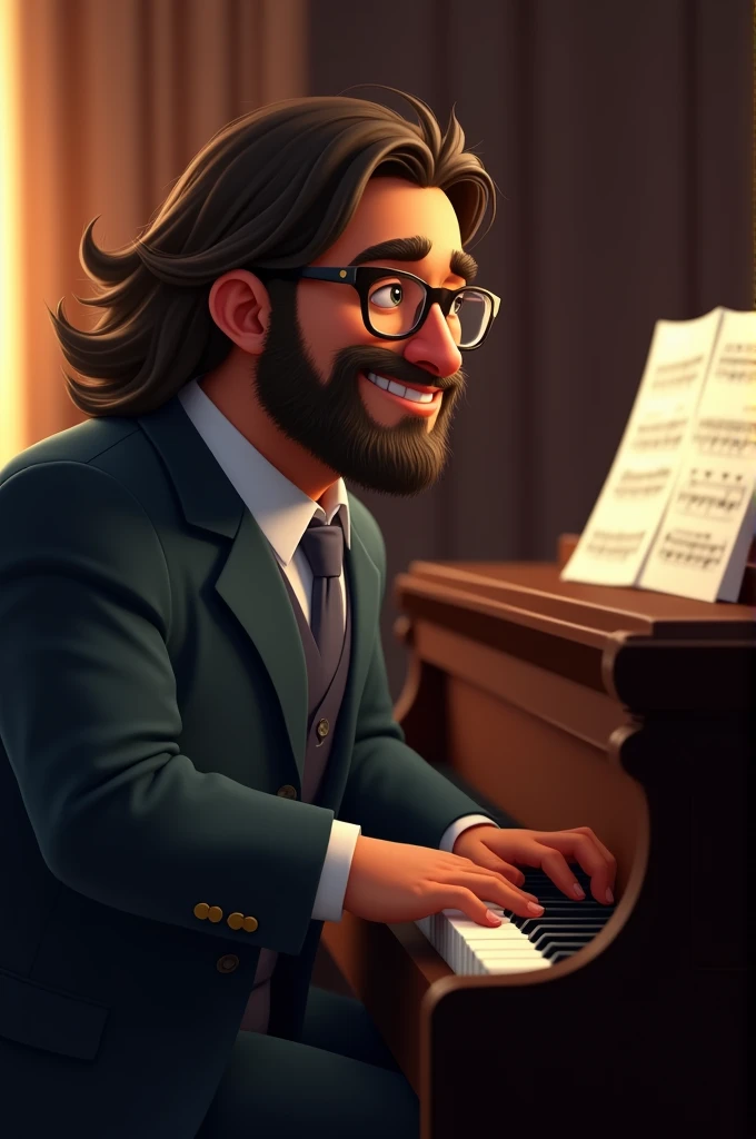 Dark-skinned man, a bit overweight, suit, with beard and glasses and a bit long hair, playing piano animated version