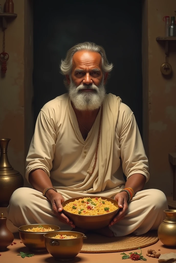 Create a image of a man sitting and eating khichdi