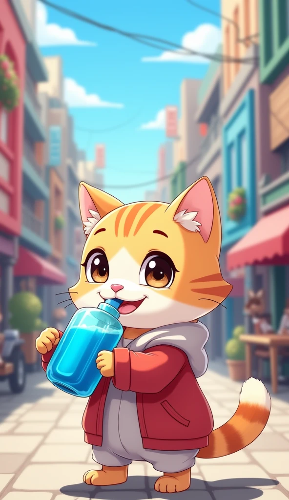 Create perfect image, city background,
A cheerful, cute humanoid cat wear red and white clothes,sipping a can of blue bottle drink, with a happy expression.