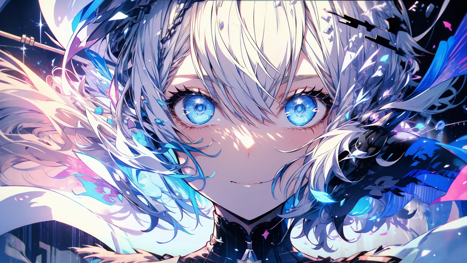 Girl with silver hair shortcut.The girl is living in a futuristic city..The girl has cold blue eyes.There is a black cat by her side..I definitely want to draw a black cat..