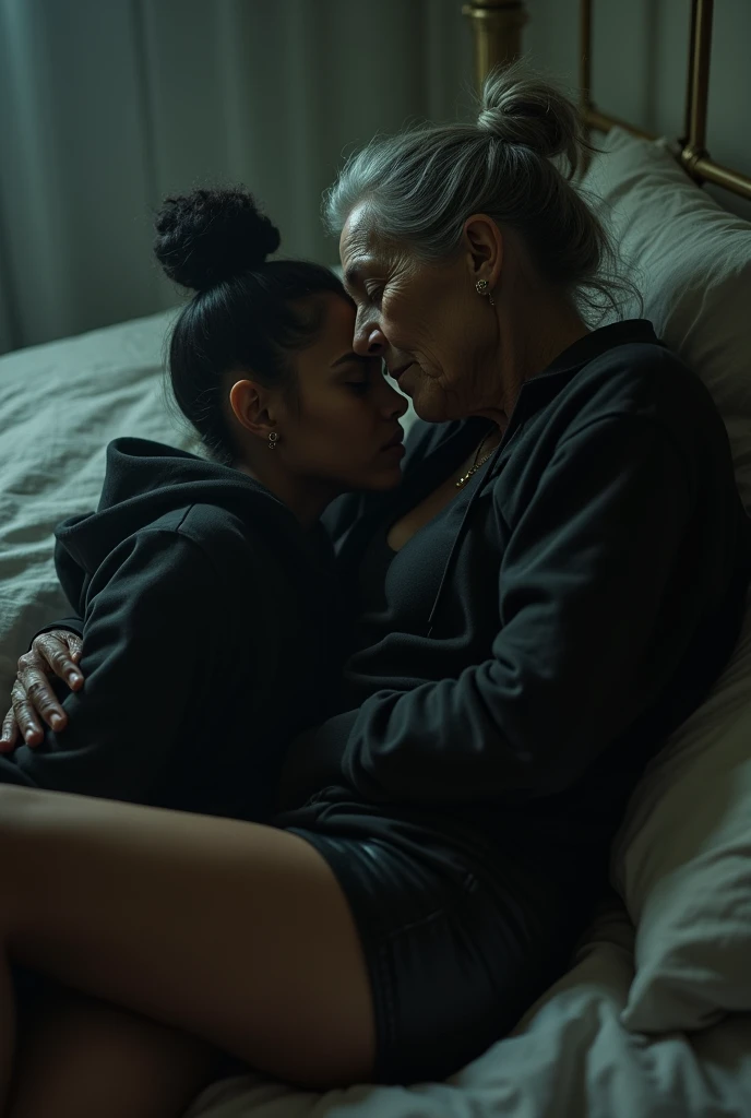 black woman hair in a bun black hoodie black leather short shorts laying in the bed upright as a old ugly woman is on top of her kissing her ass                                            bedroom
