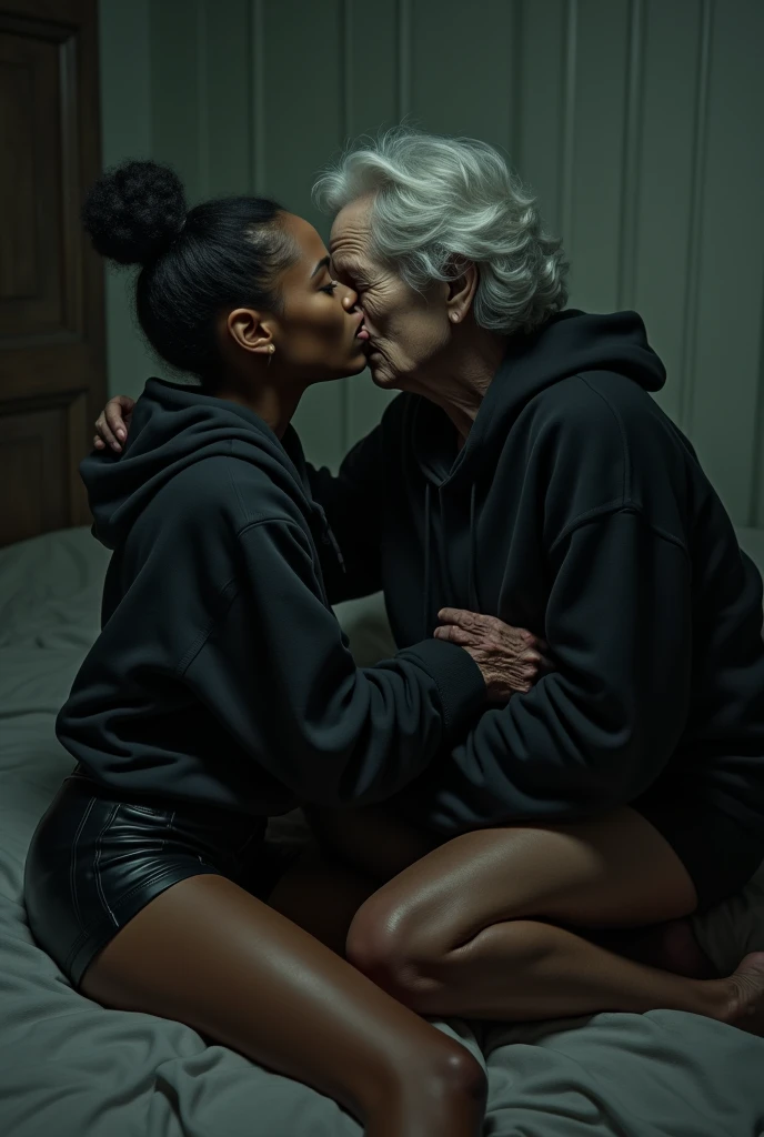 black woman hair in a bun black hoodie black leather short shorts laying in the bed upright as a old ugly woman is on top of her kissing her ass bedroom