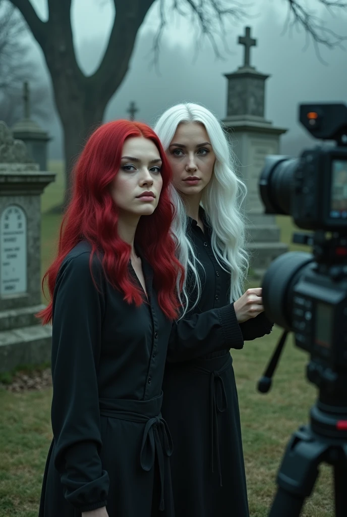 Red-haired woman and woman with white hair,recording a video clip in a cemetery with cameras recording