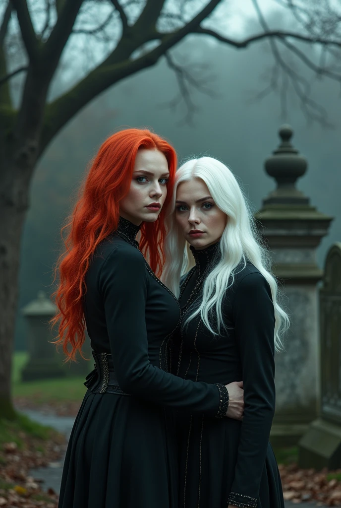 Red-haired woman and woman with white hair,recording a video clip in a cemetery with cameras recording