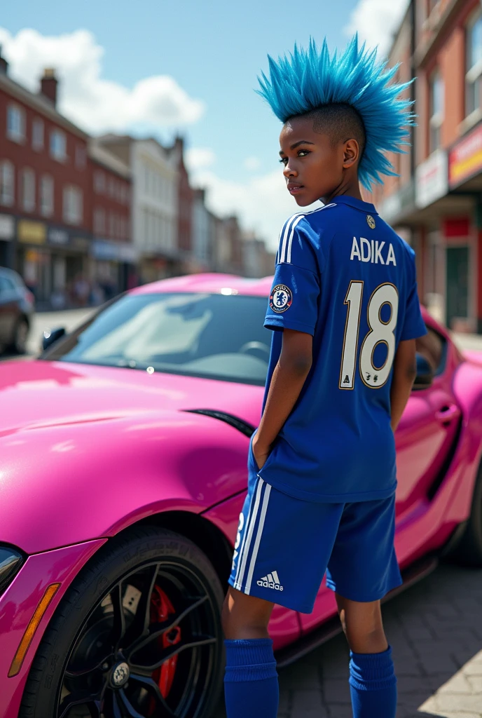 Me with blue punk hair wearing a Chelsea uniform with the name ADIKA on the back next to a pink Toyota Supra car