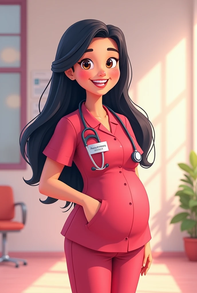 Animated drawing of female obstetrician in cherry uniform, long black hair