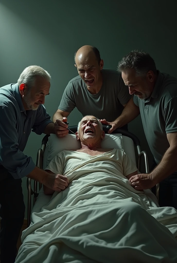 A sick old man on bed and four mans tightly hold him and one ugly lady is droping poison on his mouth