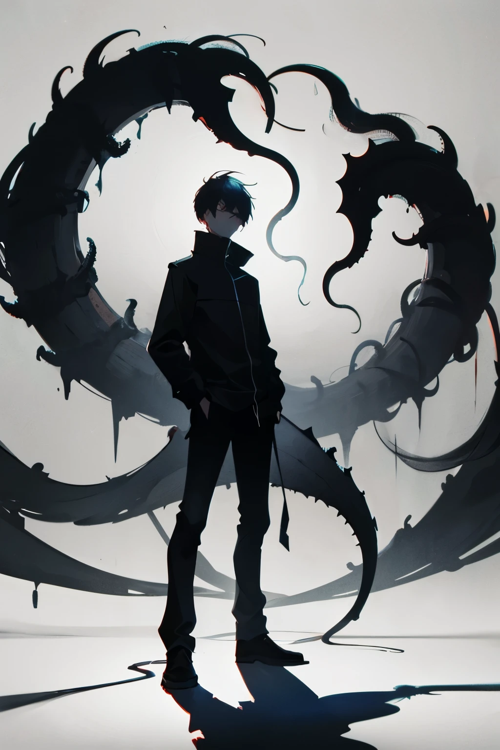 Black simple tone,A man,Hands in pockets,Stand right in the middle,There is a shadow behind,There are tentacle-like hairs sticking out from the shadow,Hair spreading everywhere,Silhouette,Dark and oppressive atmosphere