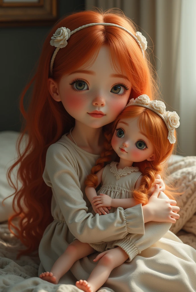a realistic female child, with long red hair, hugging a doll.