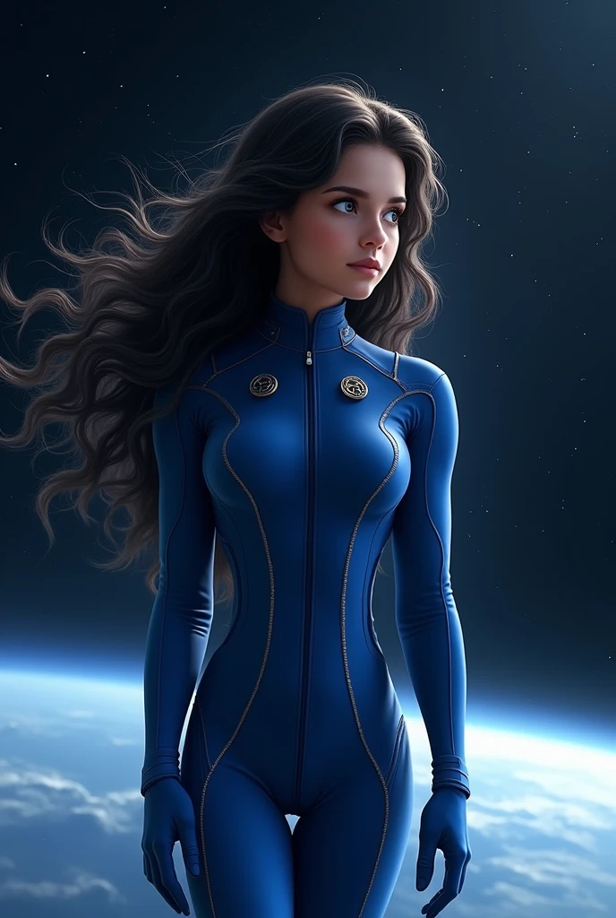 Girl with black wavy/curly hair wearing a royal blue spacesuit