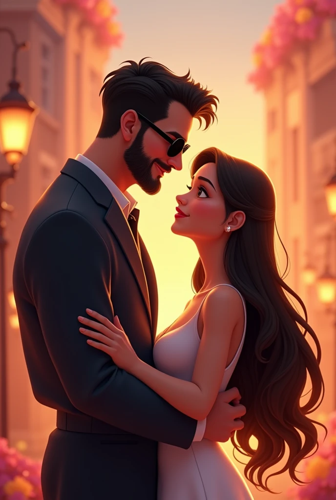 I want a Disney-type image, where a tall 3 boy appears, black hair peinado hacia arriba como si tuviera gel, short beard, built man, man without earring, moreno, black sunglasses,  well dressed with his long-haired girlfriend, straight hair, black hair, large eyes, high, slim, very much in love, the title of the image my gift from God