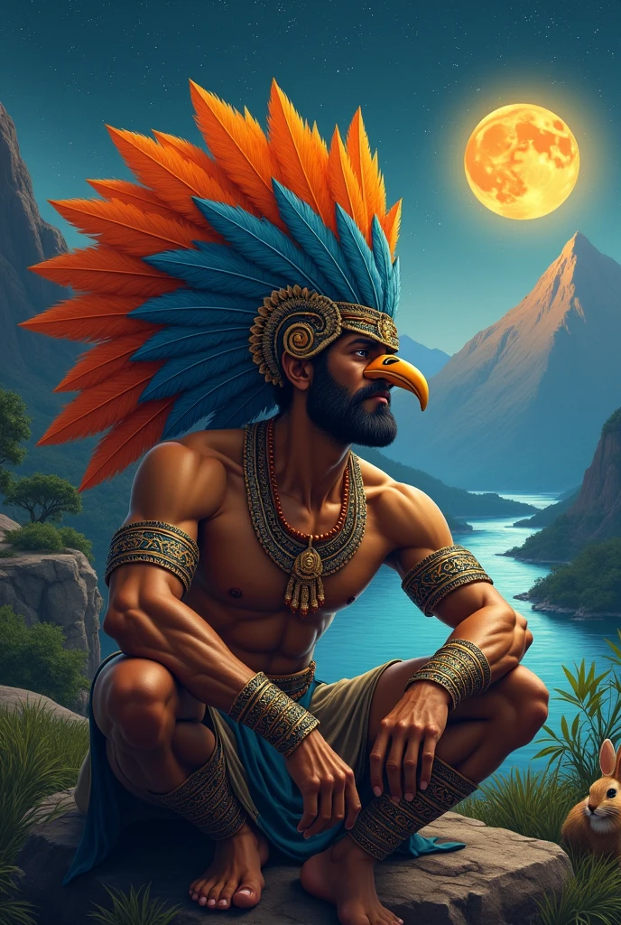 Make the god Quetzalcoatl a human with a crest covering his eyes and with orange and blue feathers., Also, he has a short beard , her brown skin, with a muscular body and an Aztec bracelet on each arm resting on a rock at night with bright stars , and an orange moon and a mountain and a river in the background but next to it a bunny eating plants